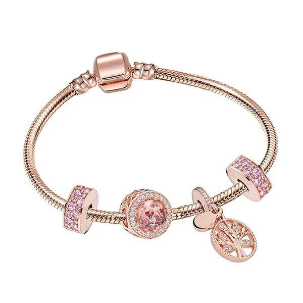 luxe armband voor vrouwen in pandora-stijl, familieboom, zirkonia stenen, 925s zilver, rose gold, mooi en goedkoop, uitverkoop en sale.