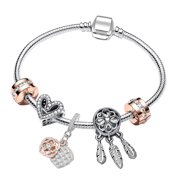 hartjes patroon bedel, armband, dreamcatcher, gepersonaliseerde armband, 925 zilver, roos met zirkonia, luxe armband voor vrouwen