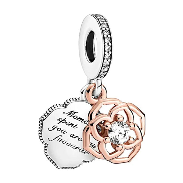 luxe sieraden voor vrouwen, bedel met zirkonia stenen, roos en bericht voor geliefde, 925s zilver en rose goud